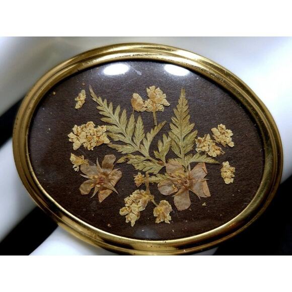 Vintage Pressed Flowers Brooch Read Flowers Plastic Cover Brown Background 1960s - Picture 2 of 7